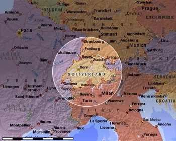 La cartina dell'Europa con la lente sulla Svizzera, dal sito Miralux