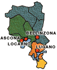Cartina del Cantone Ticino con Ascona, Locarno, Bellinzona e Lugano